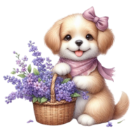 AI generated a cute dog is sitting in a basket with flowers png