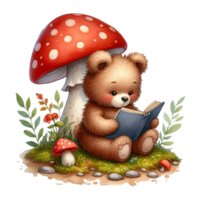 ai gegenereerd een schattig teddy beer lezing een boek onder een paddestoel png