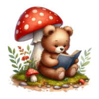 ai generado un linda osito de peluche oso leyendo un libro debajo un seta png