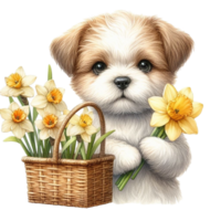 AI generated cute dog with basket of daffodils and flowers png