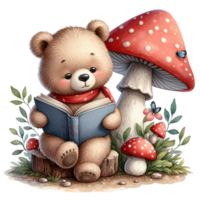 ai generado un linda osito de peluche oso leyendo un libro debajo un seta png