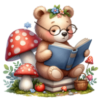 ai gegenereerd een schattig teddy beer lezing een boek onder een paddestoel png