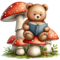 ai gegenereerd een schattig teddy beer lezing een boek onder een paddestoel png