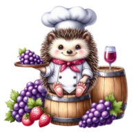 AI generated hedgehog chef holding a glass of wine and grapes png