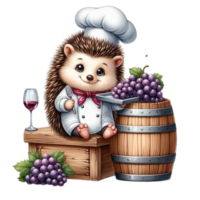 ai gerado ouriço chefe de cozinha segurando uma vidro do vinho e uvas png