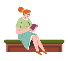 Girl reading favorite book on bench in library vector