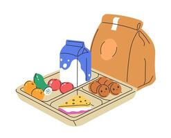 Paper bag and meal container with food and drink vector