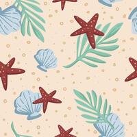 Sea seamless pattern with starfish, shells leaf vector