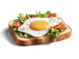 ai generiert isometrisch Essen Symbole mit ein mit der Sonnenseite nach oben Ei auf Toast mit Salat auf das Unterseite auf transparent Hintergrund png