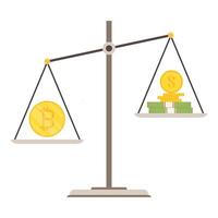 Coin and Bitcoin on scales vector. Bitcoin poster design. vector