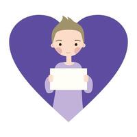 Cute blonde boy with a paper in hands and heart on a background flat illustration vector