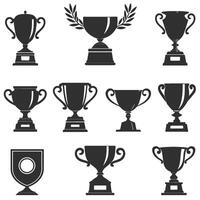 Silhouettes of the Winner Medal and Trophy Cup. Collection of winning icons. Collection of award emblems. Trophy and award cup icon set. vector