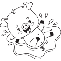 Happy  pig splashing in puddle Line drawing png