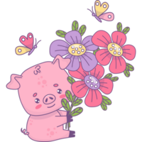 content porc avec grand bouquet de fleurs png