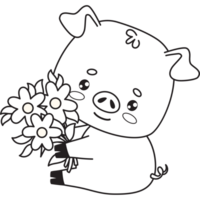 contento cerdo con flores línea dibujo png