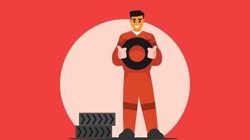 mechanic technician holds a car tyre in a workshop vector illustration