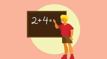 boy in front of board and explaining a math problem in classroom vector illustration