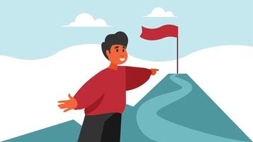 Man is going to the top of the mountain towards a flag, success vector