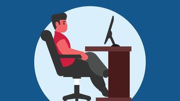 employee sitting in front of desk and computer screen at night freelancer vector