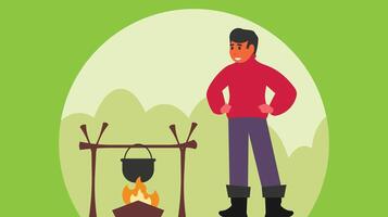 Man camping and prepareing food on bonefire vector illustration