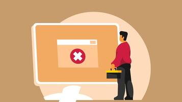 man standing beside a computer screen with error message vector illustration