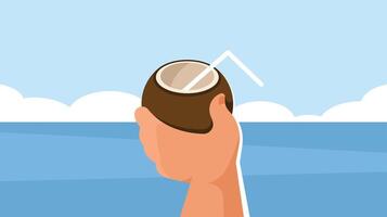 Hand holds a coconut drink in front of the sea shore vector illustration