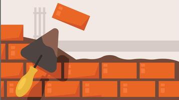 abstract building a wall with bricks and cement and build tools vector illustration