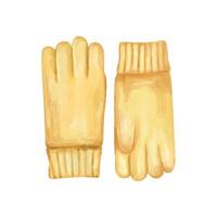 Knitted gloves in golden color with fine details and watercolor textures illustration vector