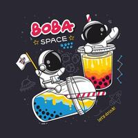 juguetón dibujos animados de astronautas con boba té flotante en exterior espacio vector