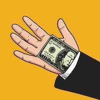 Graphic illustration of a hand presenting a 100 dollar bill on a vivid yellow background vector