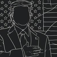 Line art illustration of a figure, pledging allegiance to the American flag vector