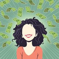 Illustration of a smiling woman with money raining down on a green background vector