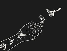 A minimalist black and white illustration depicting a hand releasing birds into the sky vector