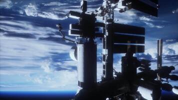 International space station in dark starry space video