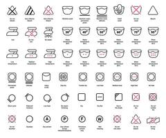 Laundry icons. Care clothes instructions on labels, machine or hand washing signs. Water, ironing and drying temperature symbols collection, textile and fabric types. Vector line items isolated set