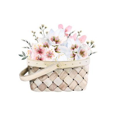 Watercolor wooden basket with pink spring cherry blossom and almond flowers. Romantic floral bouquet in rustic style