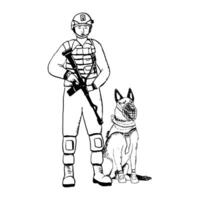 k9 soldado con sentado perro de alemán pastor o Belga malinois vector ilustración. tinta dibujo de militar Guardia perro para veterano día diseños