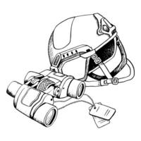 militar soldado equipo de casco, táctico prismáticos y personal número insignias negro y blanco vector ilustración para ejército, infantería uniforme y engranaje diseños