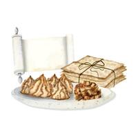 Watercolor Passover kosher pastries, matzah and coconut cookies, charoset on plate with Haggadah scroll template vector