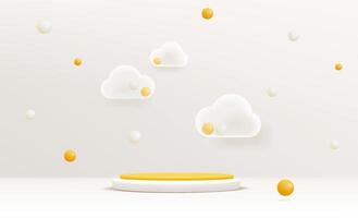 Realistic white and yellow 3D cylinder pedestal podium with bubbles. Minimal scene for products stage showcase, promotion display. Vector geometric platform. Abstract room design.