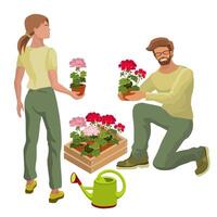 Young man and girl take care of houseplants. Isometric vector illustration.