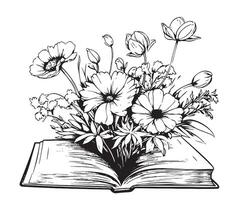 Open Book with Flowers Inside, Hand Drawn Sketch Illustration vector