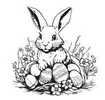 Rabbit with easter eggs illustration, drawing, engraving, line art vector