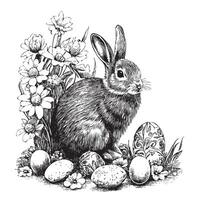 Easter bunny in flowers and with eggs hand drawn sketch in doodle style Vector illustration