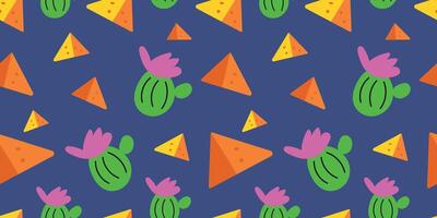 Seamless Cinco de Mayo vector pattern background with nachos and cactuses