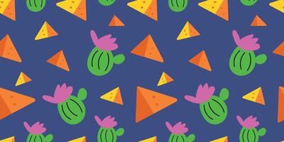 Seamless Cinco de Mayo vector pattern background with nachos and cactuses