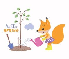 Squirrel planting tree in spring vector illustration