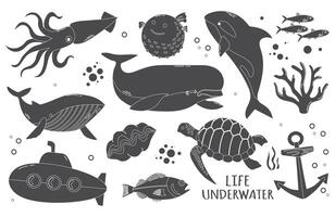 Set of black and white silhouettes sea and ocean underwater animals and submarine. Sea turtle, beluga, blue whale, coral, sea fishes, squid and anchor vector illustration isolated on white back