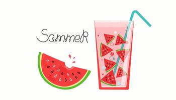 Glass with watermelon juice. Calligraphy, inscription. Summer, beach bar. Watermelon slices with ice. Doodle style. Vector illustration on isolated background.