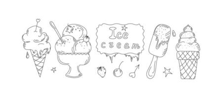 Ice cream drawings. Set of hand drawn linear icons, doodles. Ice cream, popsicle, ice. Hand lettering. Vector illustration, background isolated white.